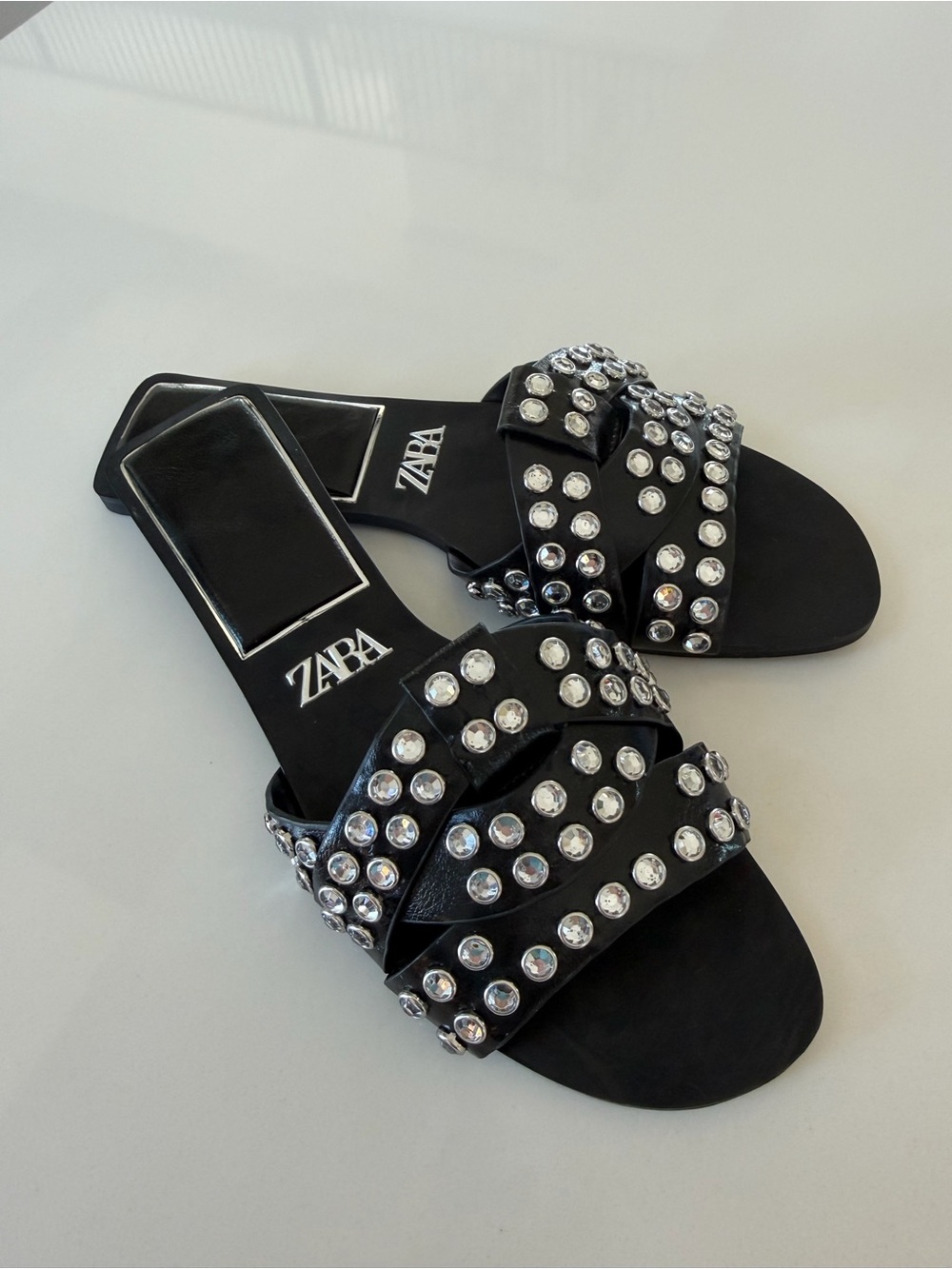 ZARA Black Crystal-Stud Slide Sandals